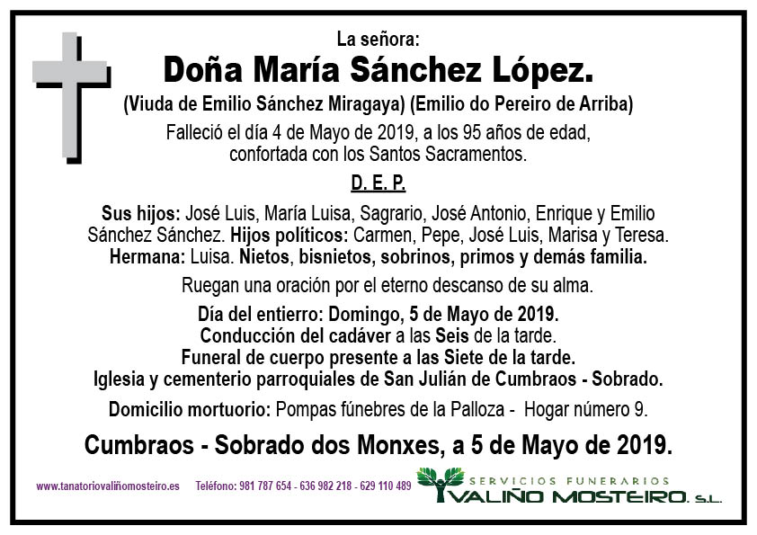 Esquela de María Sánchez López.