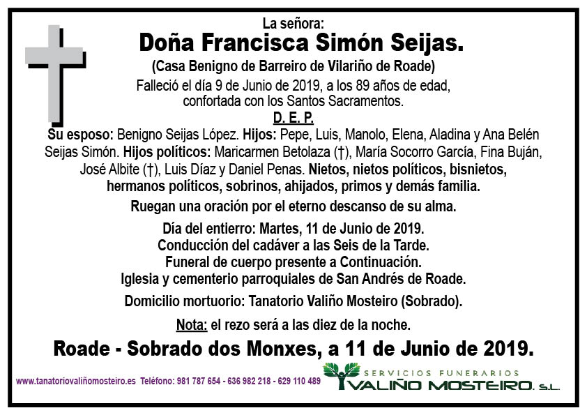 Esquela de Francisca Simón Seijas.