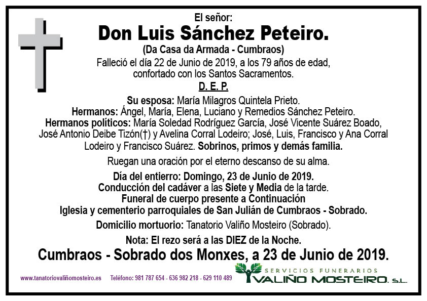 Esquela de Luis Sánchez Peteiro.