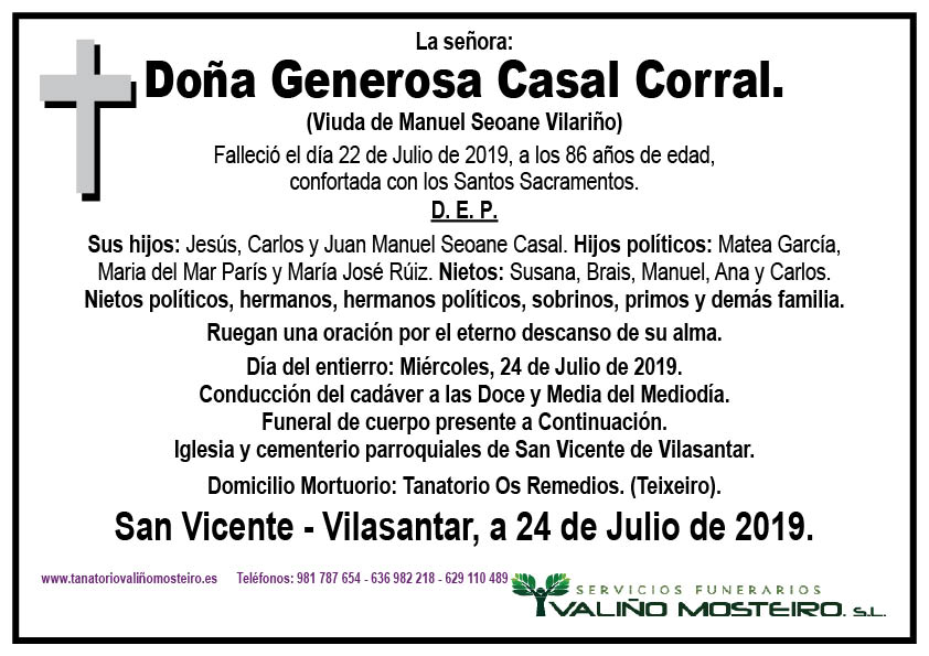 Esquela de Generosa Casal Corral.