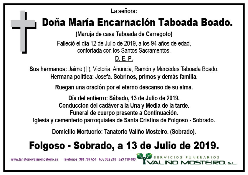 Esquela de María Encarnación Taboada Boado.