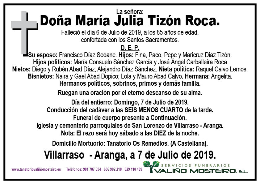 Esquela de María Julia Tizón Roca.