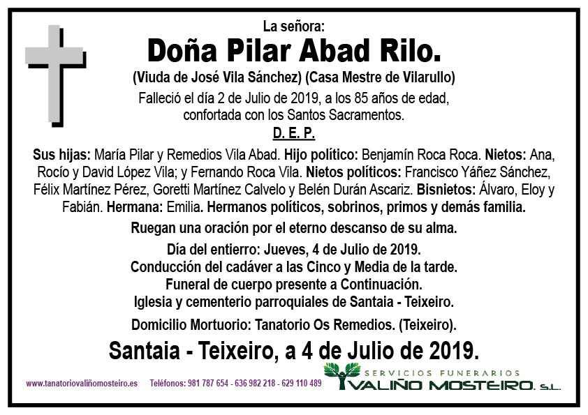 Esquela de Pilar Abad Rilo.