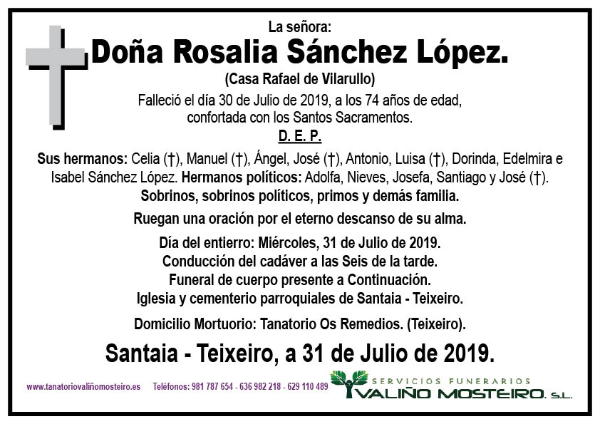 Esquela de Rosalia Sánchez López.