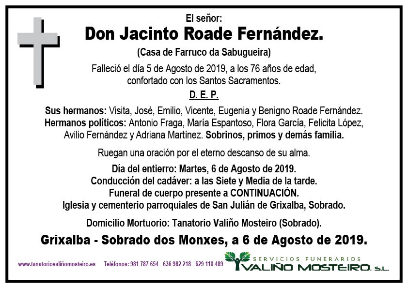 Esquela de Jacinto Roade Fernández.