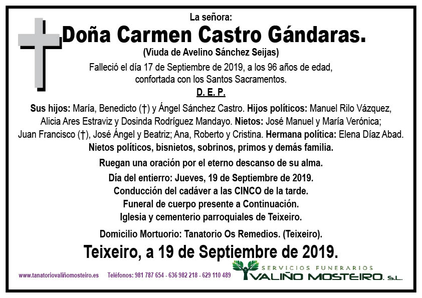 Esquela de Carmen Castro Gándaras.