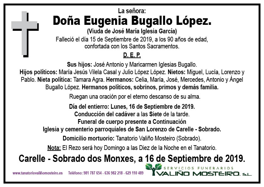 Esquela de Eugenia Bugallo López.