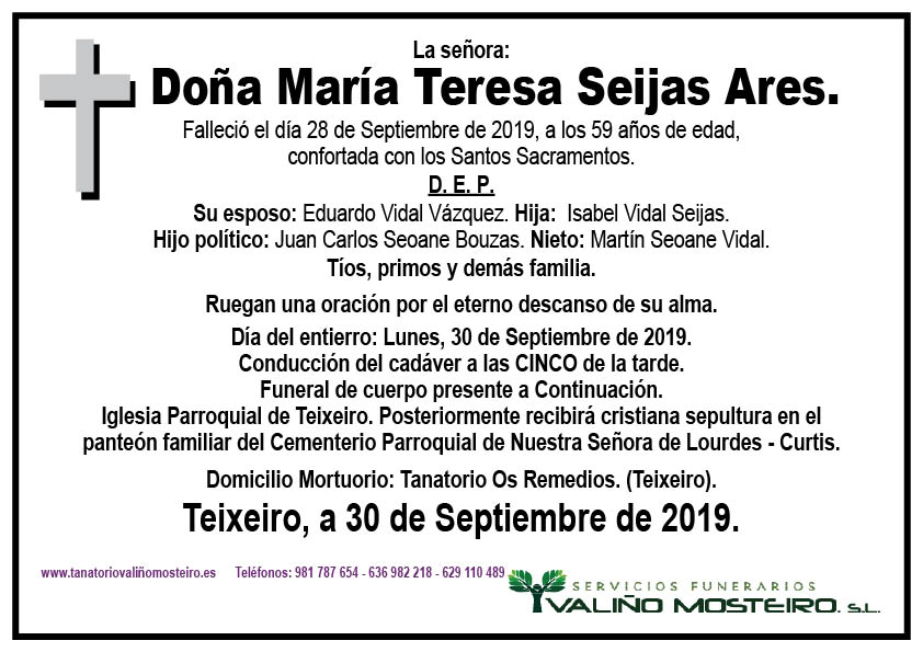 Esquela de María Teresa Seijas Ares.