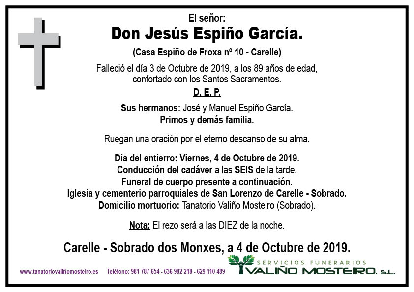 Esquela de Jesús Espiño García.