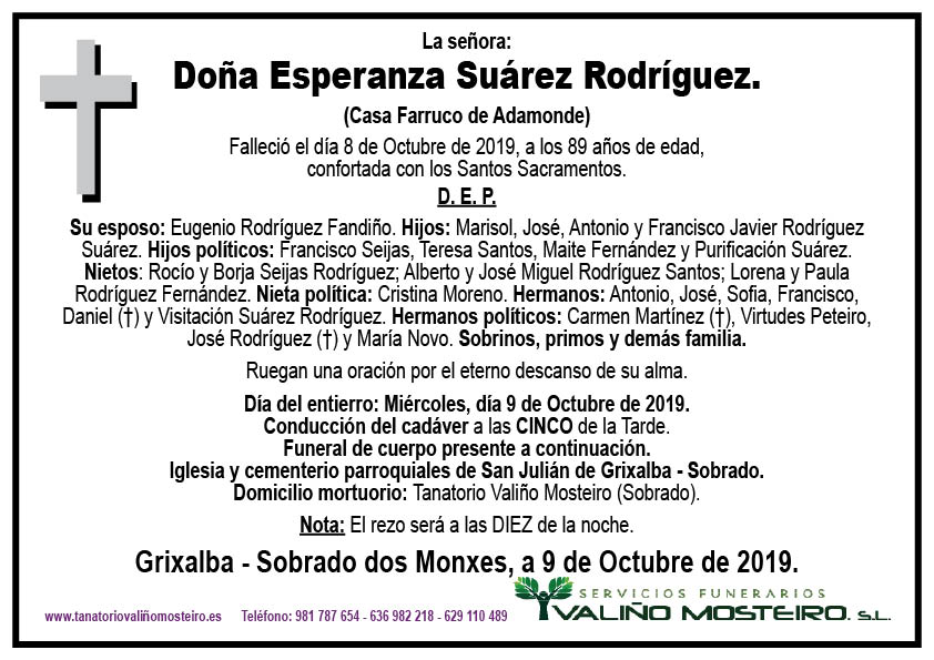 Esquela de Esperanza Suárez Rodríguez.