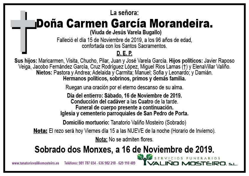 Esquela de Carmen García Morandeira.