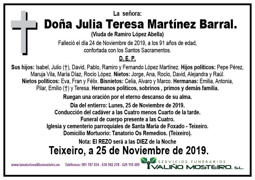 Esquela de Julia Teresa Martínez Barral.