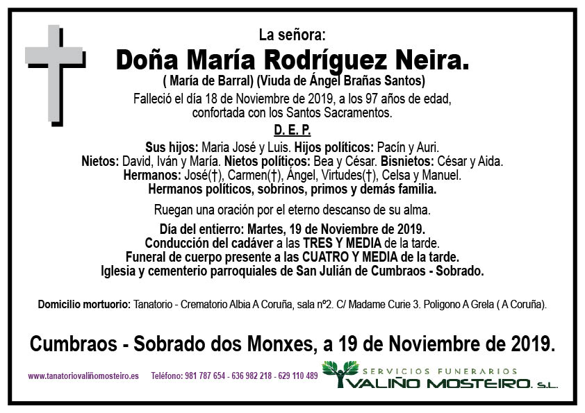 Esquela de María Rodríguez Neira.