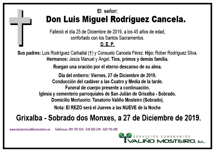 Esquela de Luis Miguel Rodríguez Cancela.