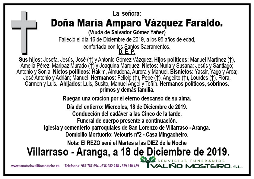 Esquela de María Amparo Vázquez Faraldo.