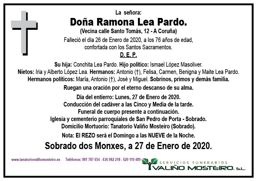 Esquela de Ramona Lea Pardo.