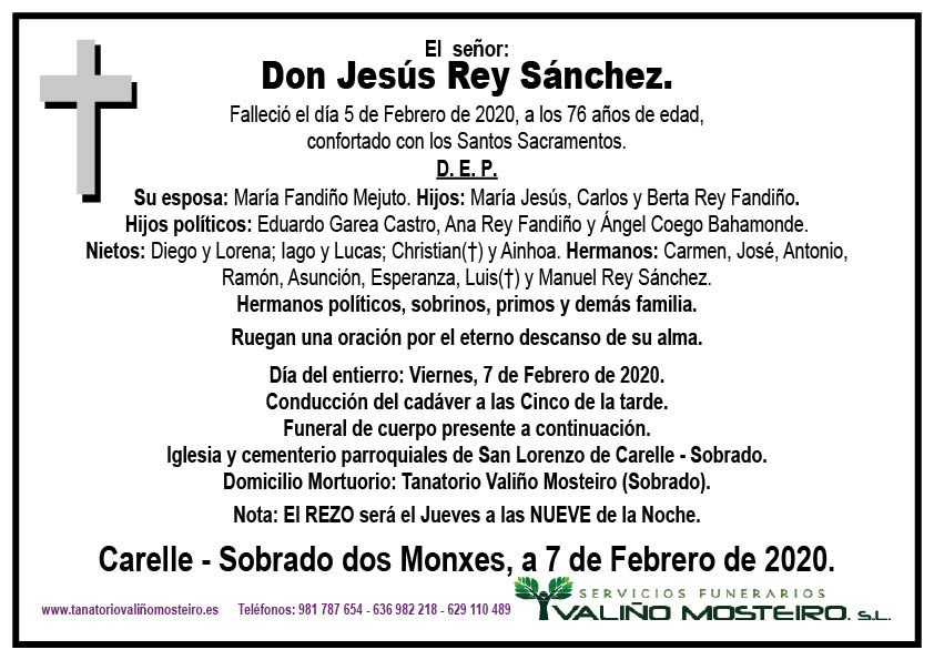 Esquela de Jesús Rey Sánchez.