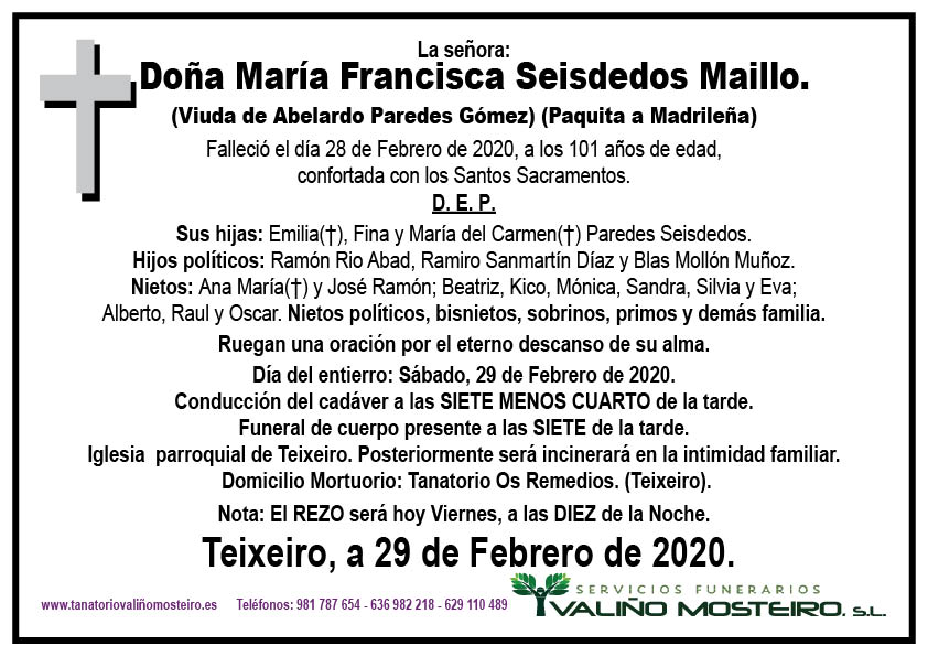 Esquela de María Francisca Seisdedos Maillo.