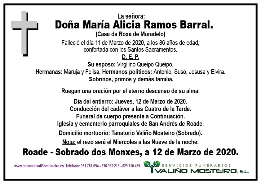 Esquela de María Alicia Ramos Barral.