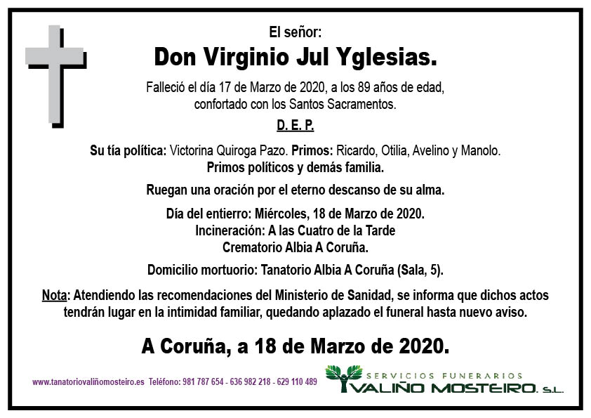 Esquela de Virginio Jul Yglesias.