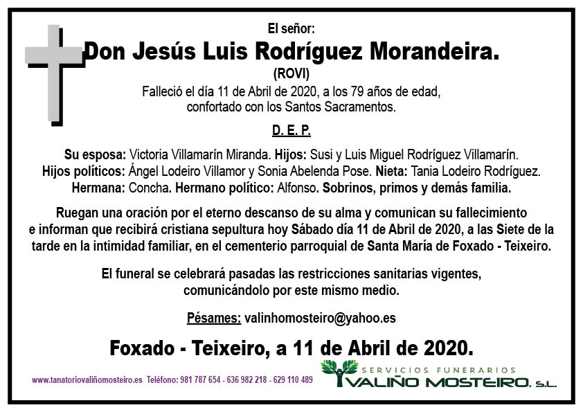 Esquela de Jesús Luis Rodríguez Morandeira.