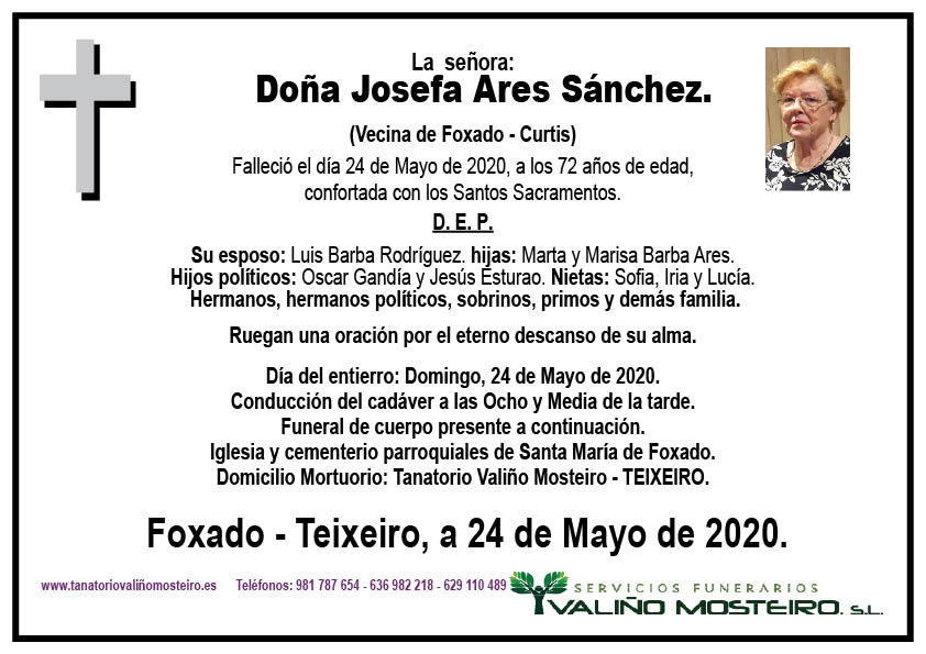 Esquela de Josefa Ares Sánchez.