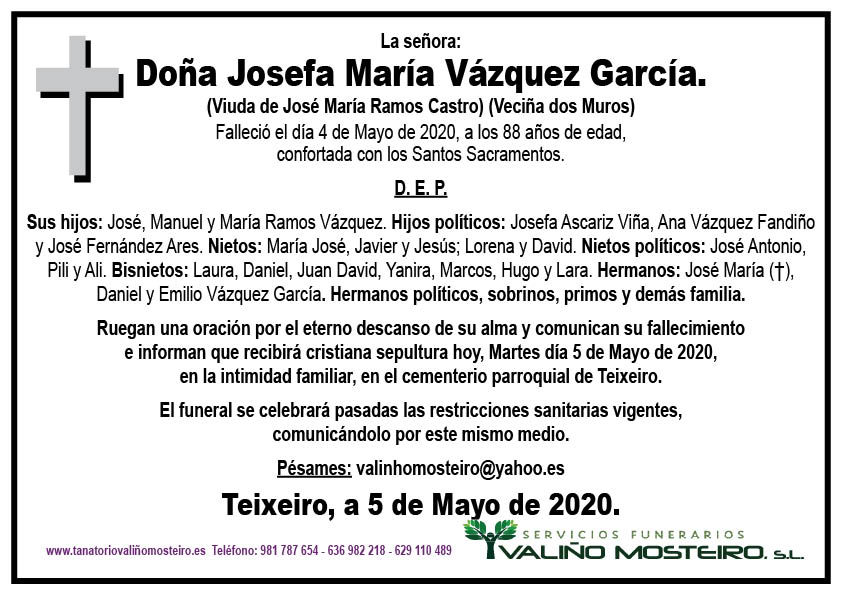 Esquela de Josefa María Vázquez García.