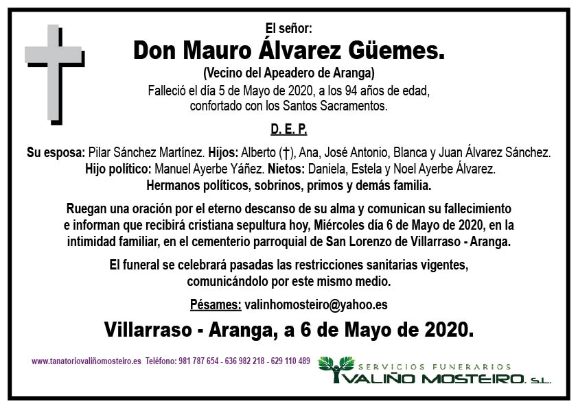 Esquela de Mauro Álvarez Güemes.