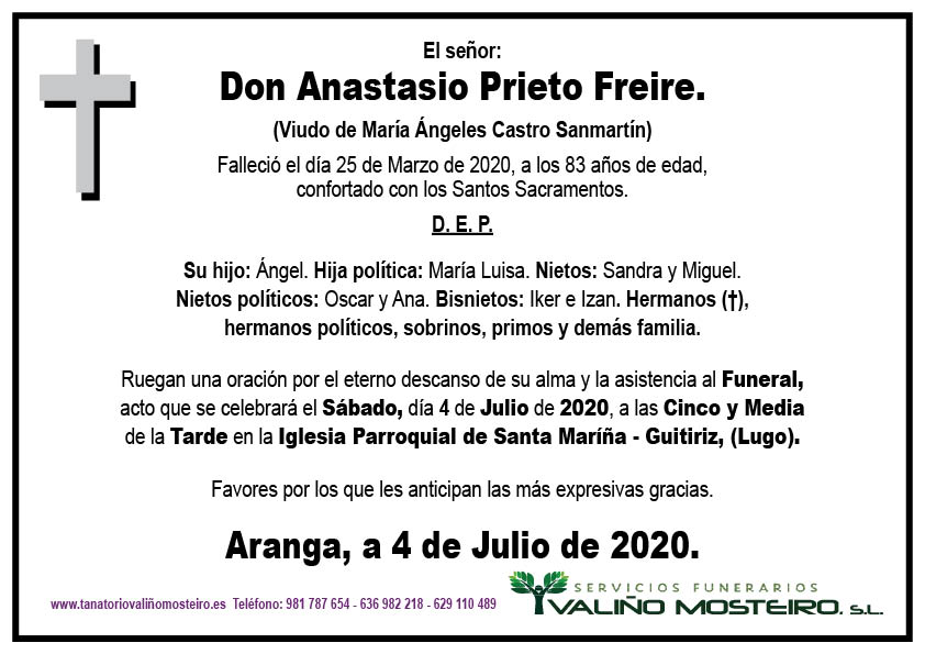 Esquela de Anastasio Prieto Freire.