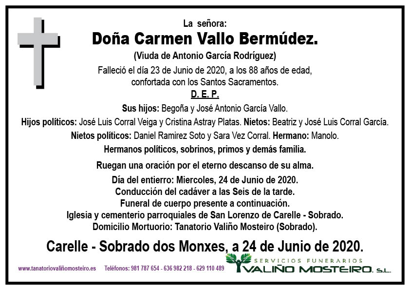 Esquela de Carmen Vallo Bermúdez.