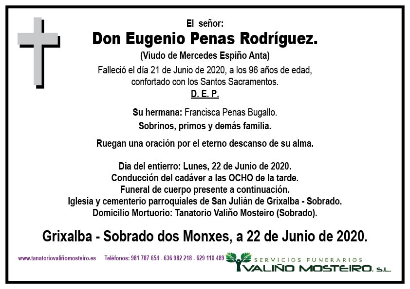 Esquela de Eugenio Penas Rodríguez.