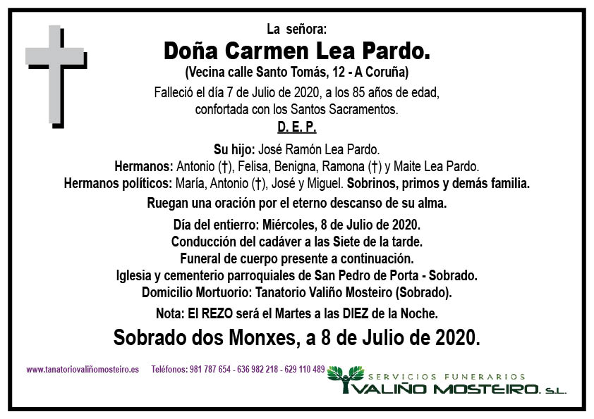 Esquela de Carmen Lea Pardo.