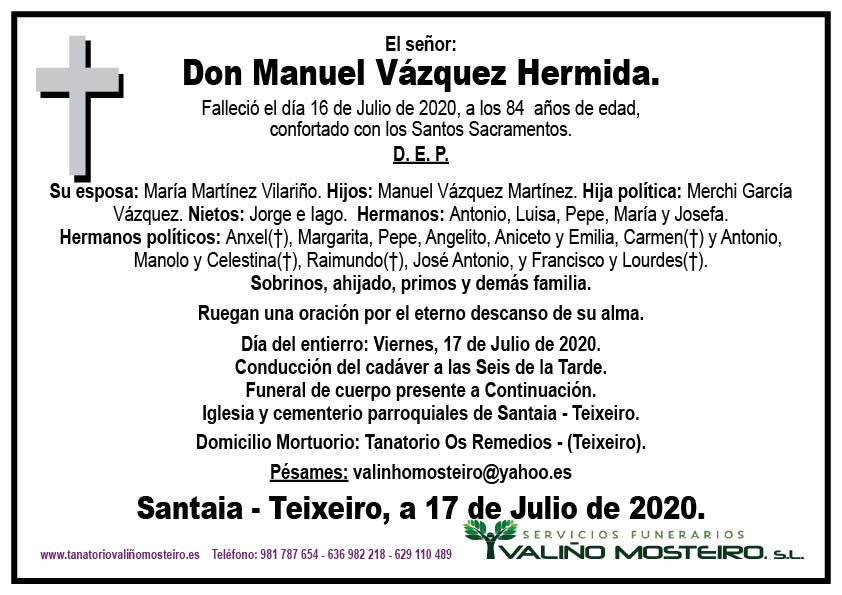 Esquela de Manuel Vázquez Hermida.