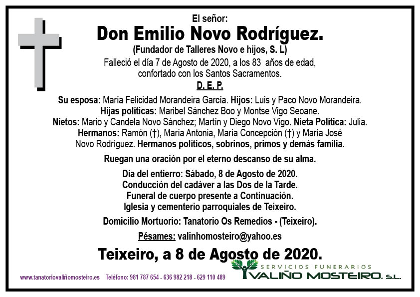 Esquela de Emilio Novo Rodríguez.