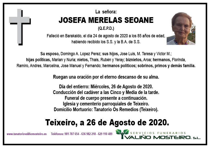 Esquela de Josefa Merelas Seoane.