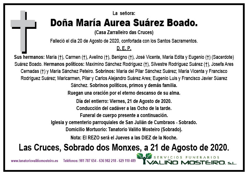 Esquela de María Aurea Suárez Boado.