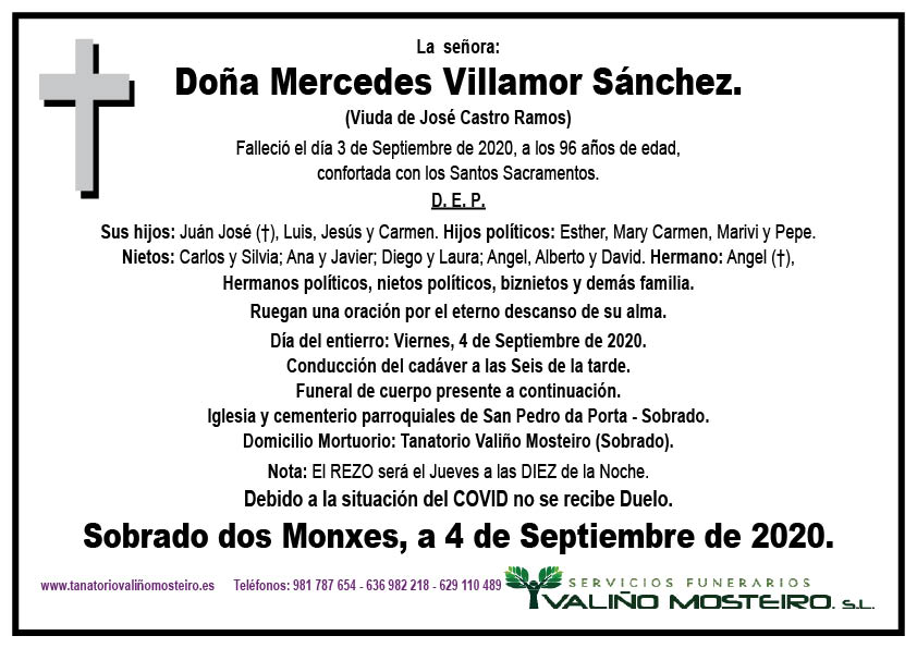 Esquela de Mercedes Villamor Sánchez.