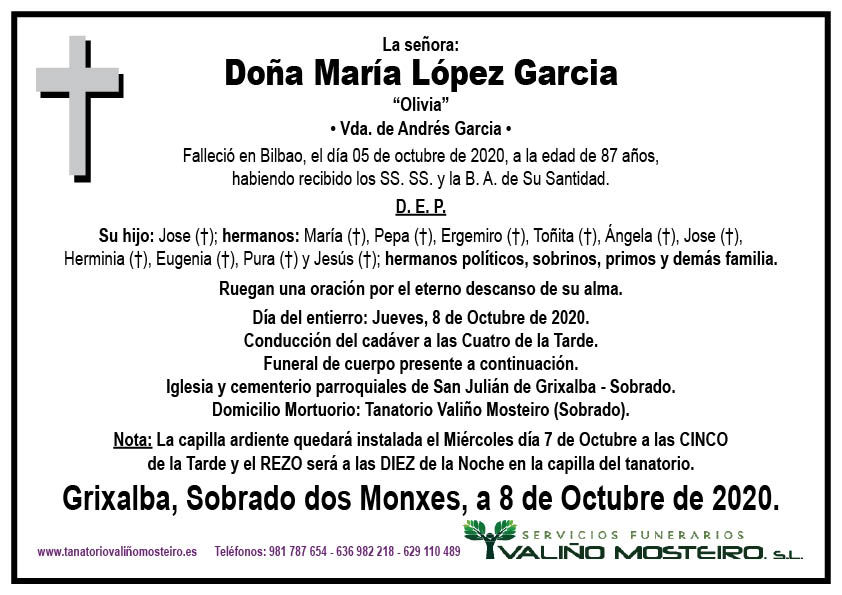 Esquela de María López García.