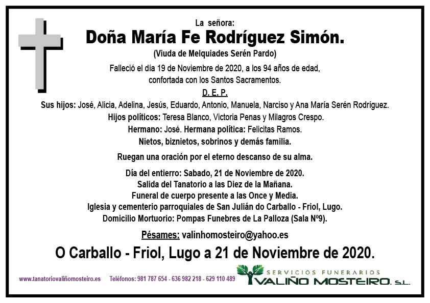 Esquela de María Fe Rodríguez Simón.