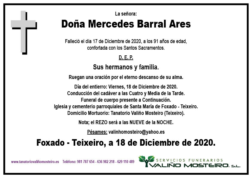 Esquela de Mercedes Barral Ares.