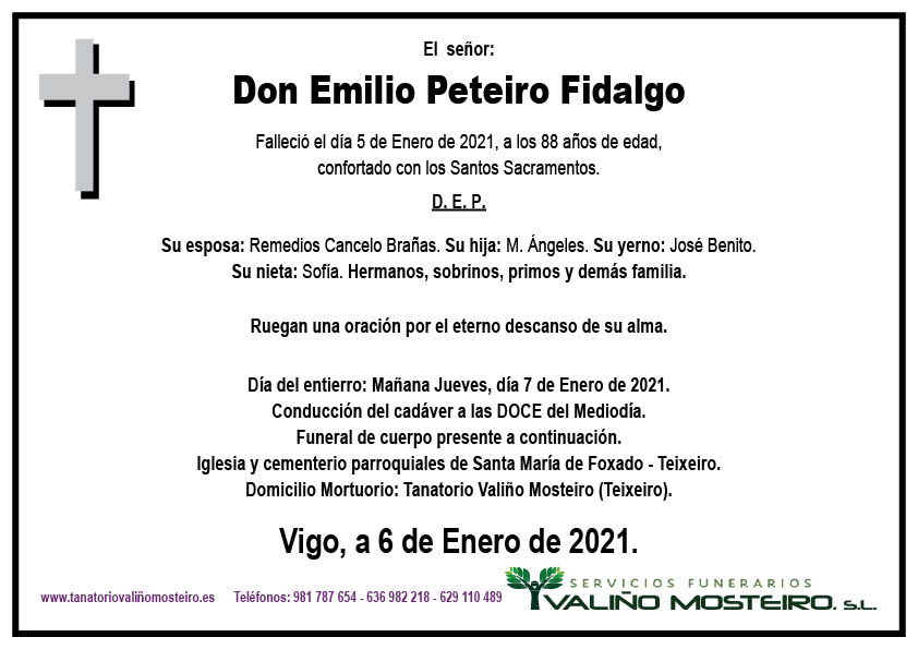 Esquela de Emilio Peteiro Fidalgo.