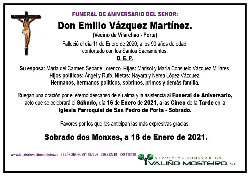 Esquela de Emilio Vázquez Martínez.