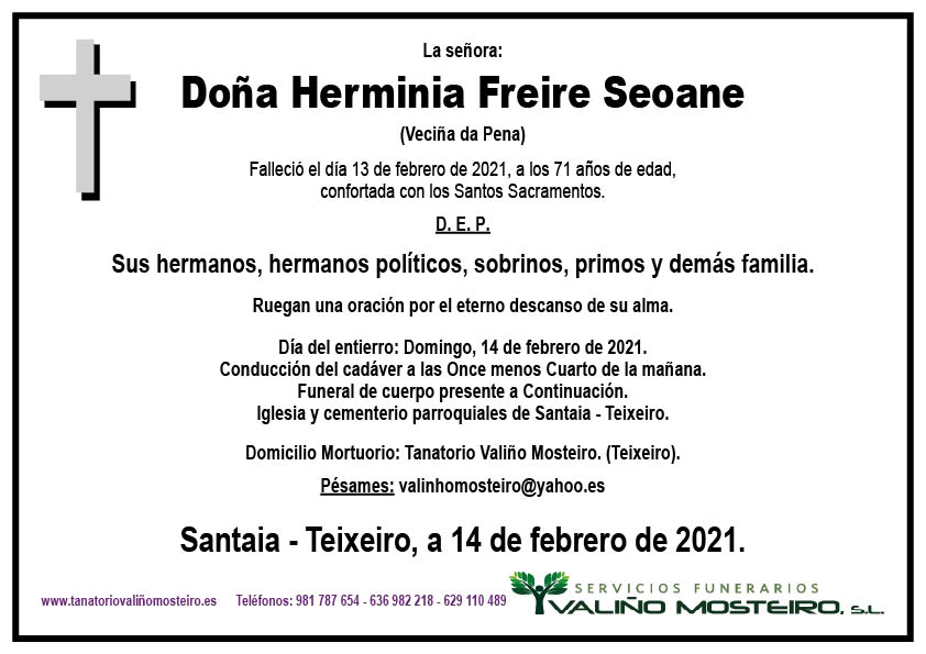 Esquela de Herminia Freire Seoane.