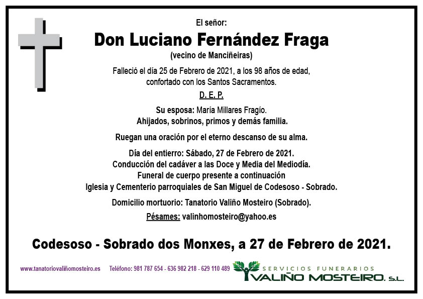 Esquela de Luciano Fernández Fraga.