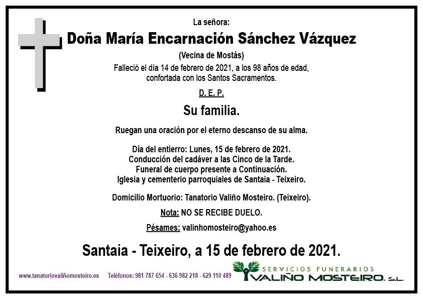 Esquela de María Encarnación Sánchez Vázquez.