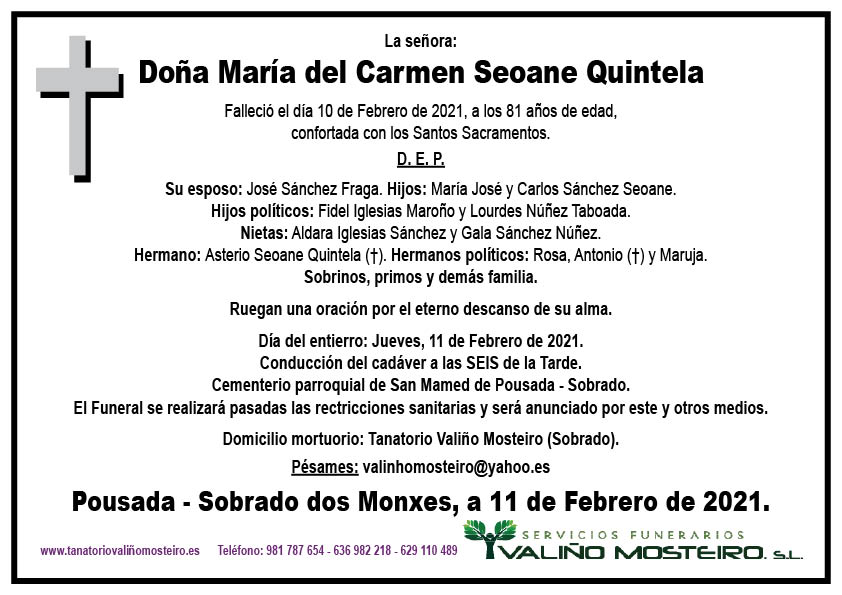 Esquela de María del Carmen Seoane Quintela.