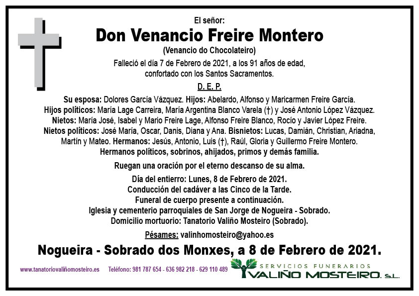 Esquela de Venancio Freire Montero.