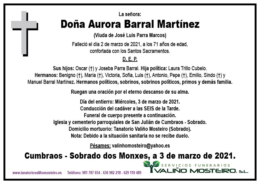 Esquela de Aurora Barral Martínez.