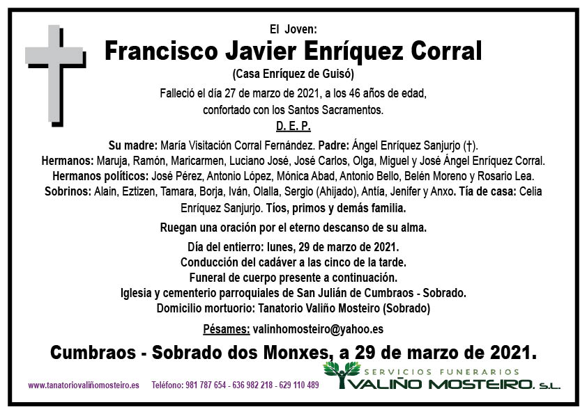 Esquela de Francisco Javier Enríquez Corral.