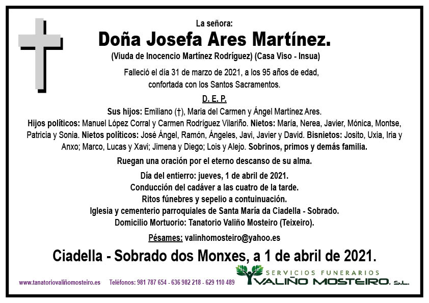 Esquela de Josefa Ares Martínez.